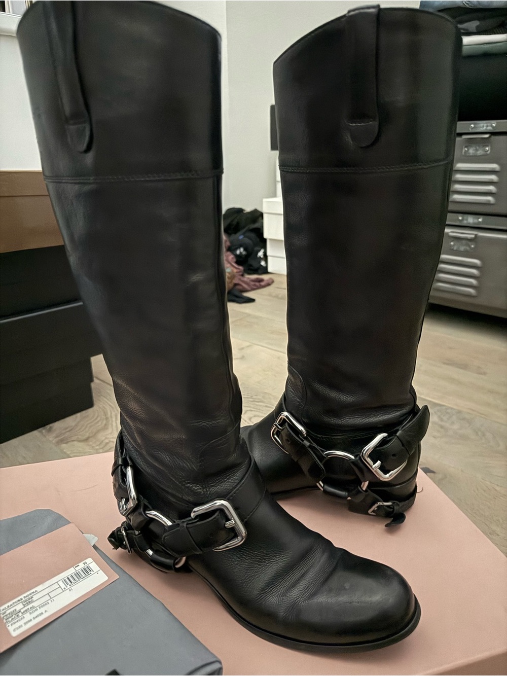 Miu Miu Black Leather Knee-High Buckle Harness Boots